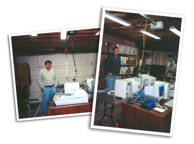 Two photos showing the early days of SyTech in founder Bryan Golden's garage
